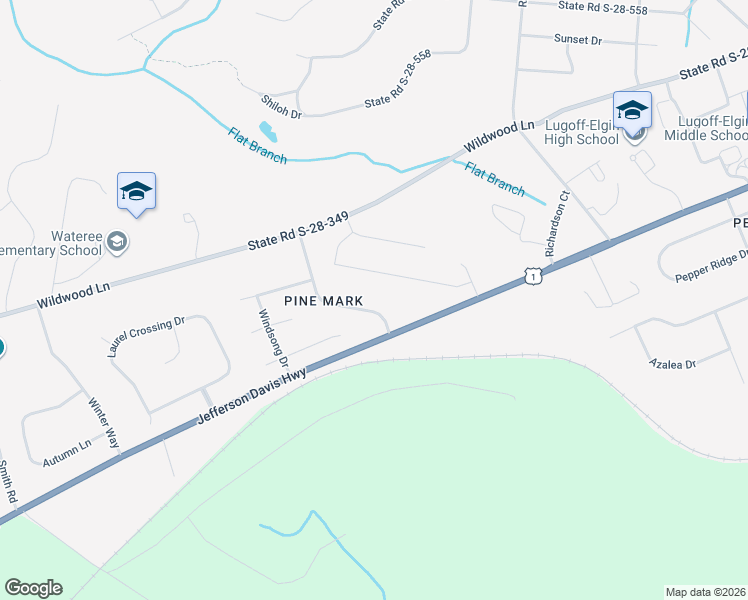 map of restaurants, bars, coffee shops, grocery stores, and more near 262 Pine Mark Lane in Lugoff