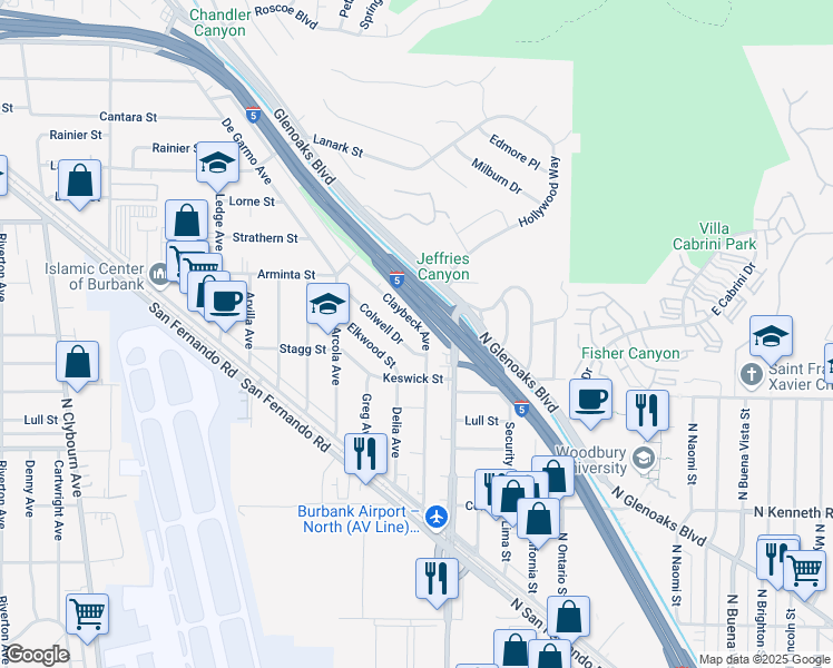 map of restaurants, bars, coffee shops, grocery stores, and more near 7809 Claybeck Avenue in Los Angeles