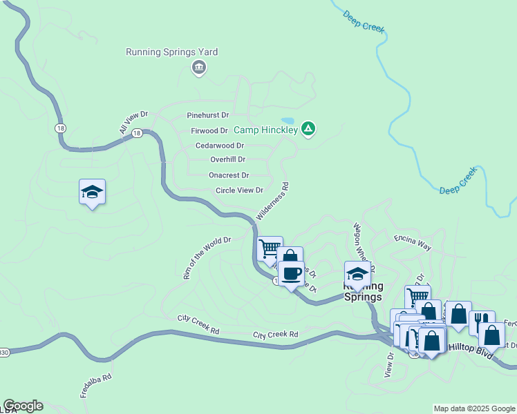 map of restaurants, bars, coffee shops, grocery stores, and more near 31518 Valley Ridge Drive in Running Springs