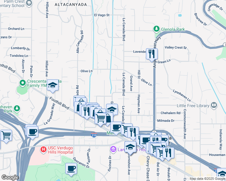 map of restaurants, bars, coffee shops, grocery stores, and more near 1237 Flanders Road in La Cañada Flintridge