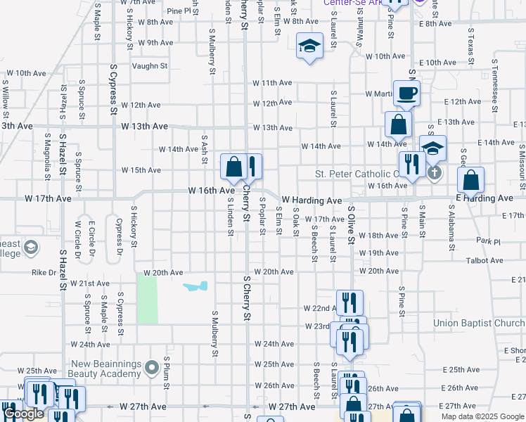 map of restaurants, bars, coffee shops, grocery stores, and more near 1700 South Poplar Street in Pine Bluff