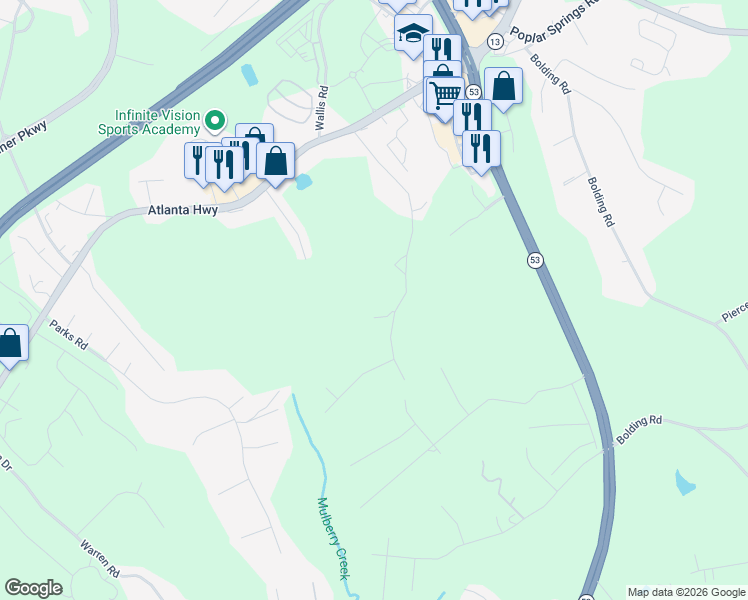 map of restaurants, bars, coffee shops, grocery stores, and more near 3636 Osborn Road in Flowery Branch