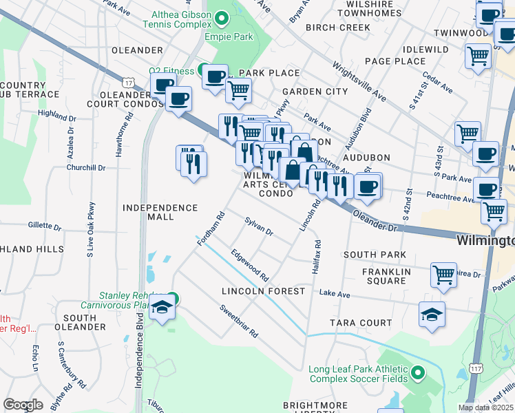 map of restaurants, bars, coffee shops, grocery stores, and more near 3824 Halifax Road in Wilmington