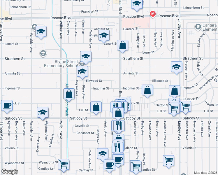 map of restaurants, bars, coffee shops, grocery stores, and more near Ingomar Street in Los Angeles