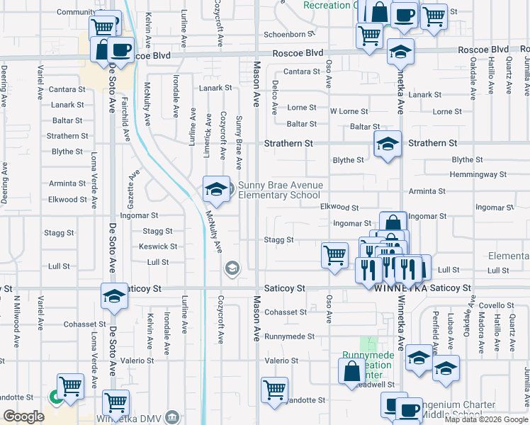 map of restaurants, bars, coffee shops, grocery stores, and more near 20464 Elkwood Street in Los Angeles