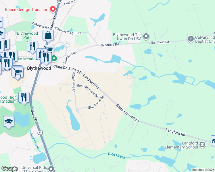 map of restaurants, bars, coffee shops, grocery stores, and more near 331 Langford Road in Blythewood