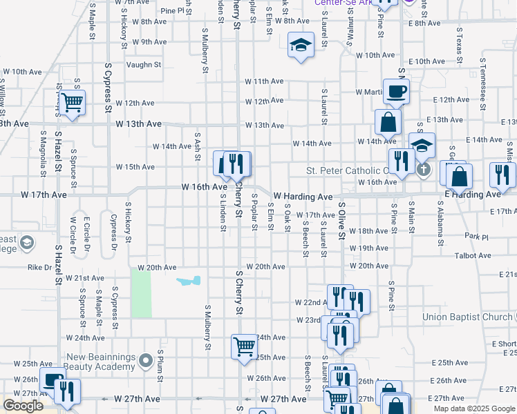 map of restaurants, bars, coffee shops, grocery stores, and more near 1700 South Poplar Street in Pine Bluff
