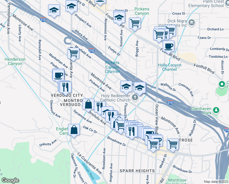map of restaurants, bars, coffee shops, grocery stores, and more near 2522 3/4 Montrose Avenue in La Crescenta-Montrose