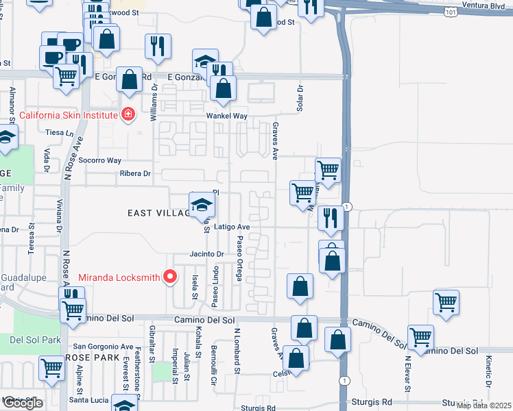 map of restaurants, bars, coffee shops, grocery stores, and more near 1100 Paseo Las Nubes in Oxnard