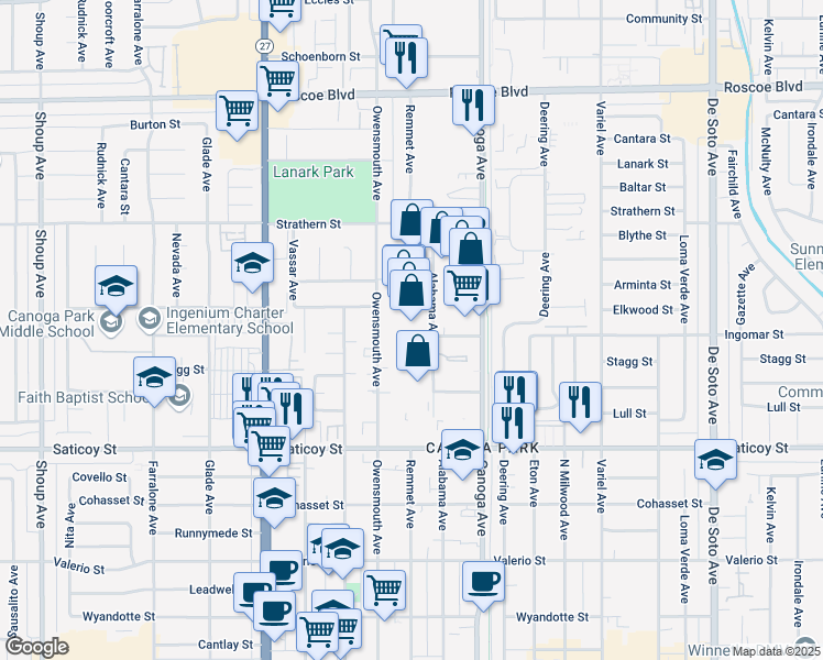map of restaurants, bars, coffee shops, grocery stores, and more near 7300 California 27 in Los Angeles