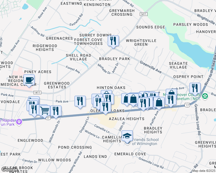 map of restaurants, bars, coffee shops, grocery stores, and more near 5603 Juneberry Court in Wilmington