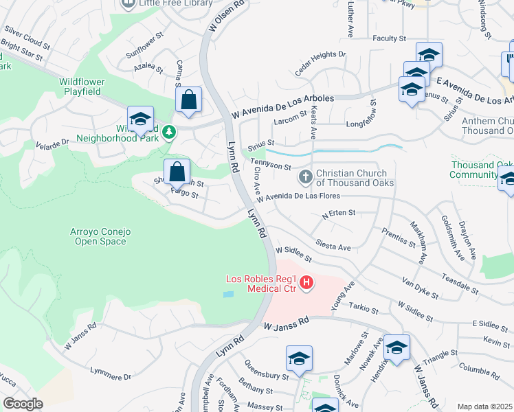 map of restaurants, bars, coffee shops, grocery stores, and more near 334 West Avenida De Las Flores in Thousand Oaks