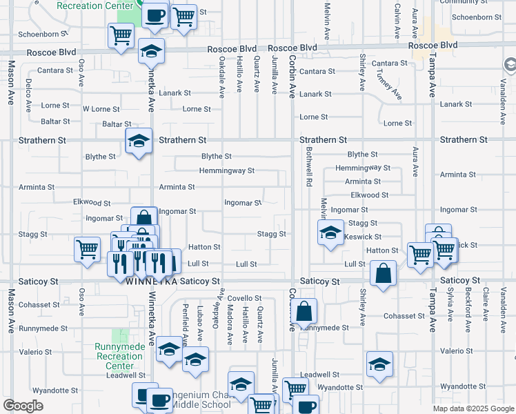 map of restaurants, bars, coffee shops, grocery stores, and more near 19758 Ingomar Street in Los Angeles