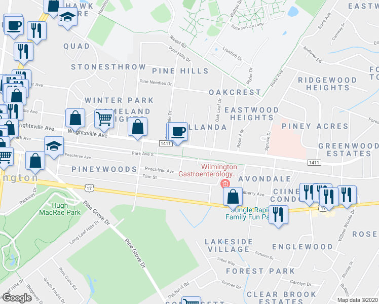 map of restaurants, bars, coffee shops, grocery stores, and more near 5042 Wrightsville Avenue in Wilmington
