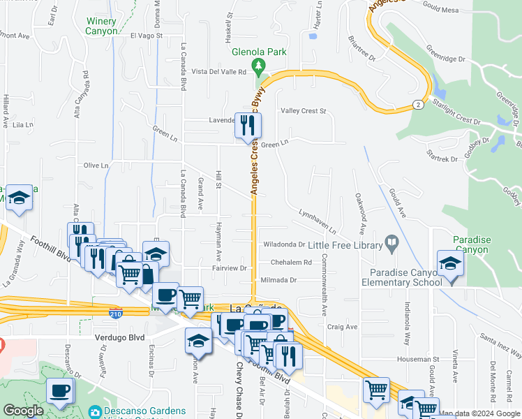 map of restaurants, bars, coffee shops, grocery stores, and more near 4938 Angeles Crest Highway in La Cañada Flintridge