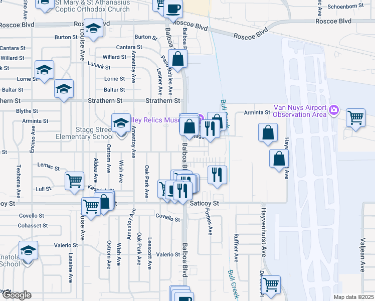 map of restaurants, bars, coffee shops, grocery stores, and more near 7800 Balboa Boulevard in Los Angeles
