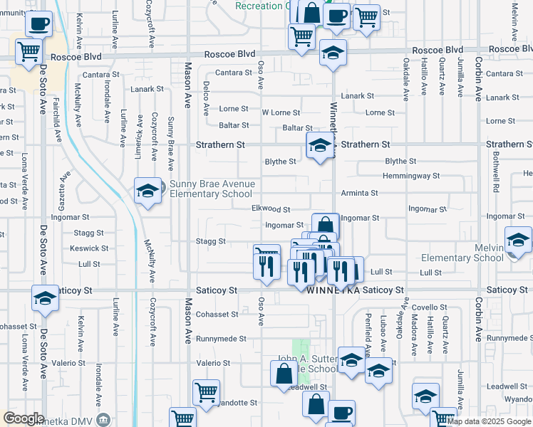 map of restaurants, bars, coffee shops, grocery stores, and more near 7808 Oso Avenue in Los Angeles