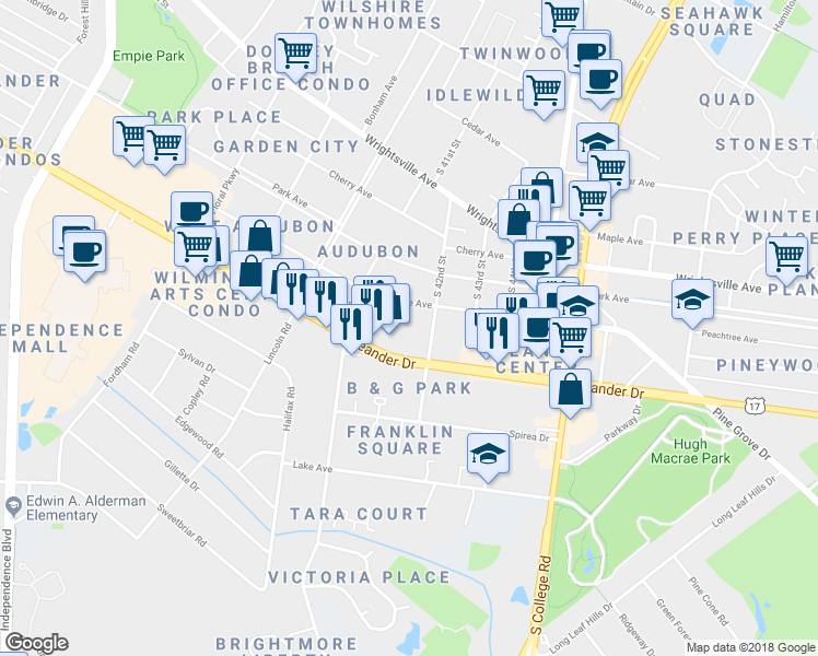 map of restaurants, bars, coffee shops, grocery stores, and more near 1407 Tanager Court in Wilmington