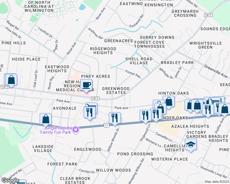 map of restaurants, bars, coffee shops, grocery stores, and more near 1145 French Road in Wilmington