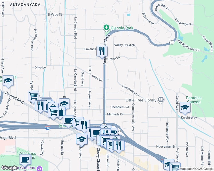 map of restaurants, bars, coffee shops, grocery stores, and more near 4938 Angeles Crest Highway in La Cañada Flintridge