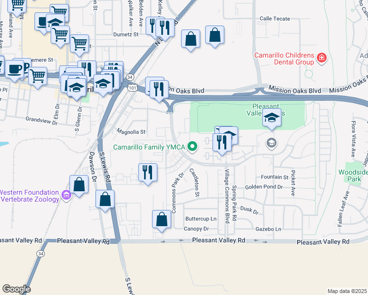 map of restaurants, bars, coffee shops, grocery stores, and more near 215 Westpark Court in Camarillo