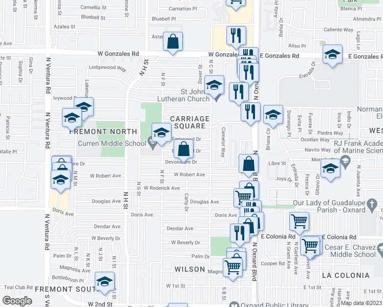 map of restaurants, bars, coffee shops, grocery stores, and more near 502 Eastwood Drive in Oxnard