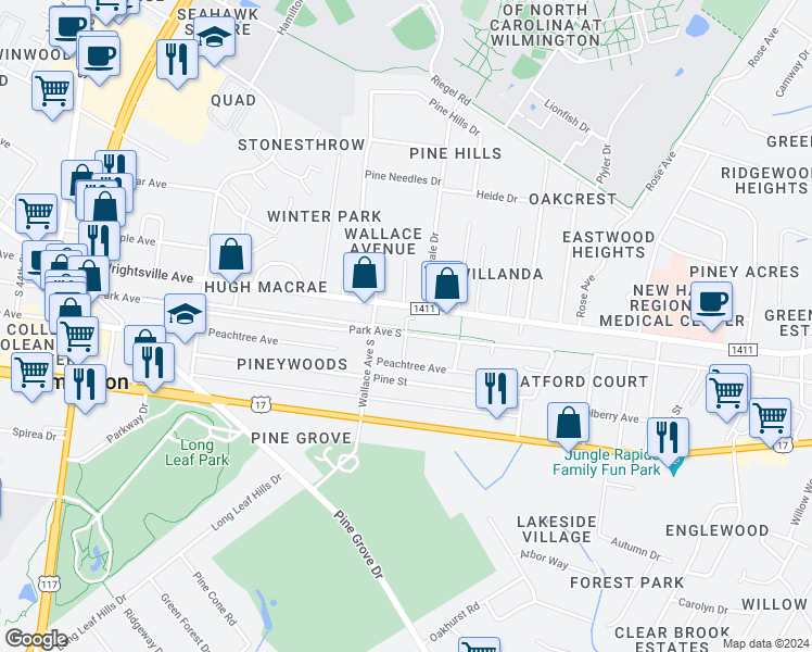 map of restaurants, bars, coffee shops, grocery stores, and more near Inman Park Lane in Wilmington