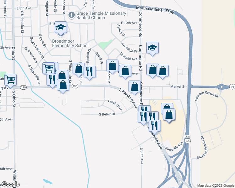 map of restaurants, bars, coffee shops, grocery stores, and more near 2516 East Harding Avenue in Pine Bluff