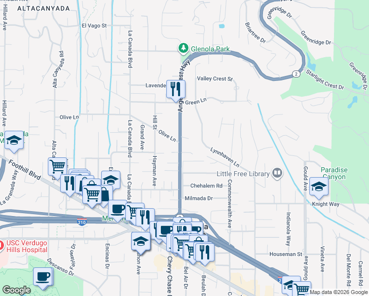 map of restaurants, bars, coffee shops, grocery stores, and more near 4938 Angeles Crest Highway in La Cañada Flintridge