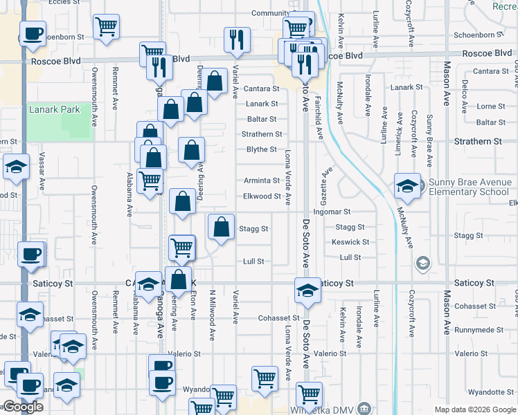 map of restaurants, bars, coffee shops, grocery stores, and more near 21019 Ingomar Street in Los Angeles