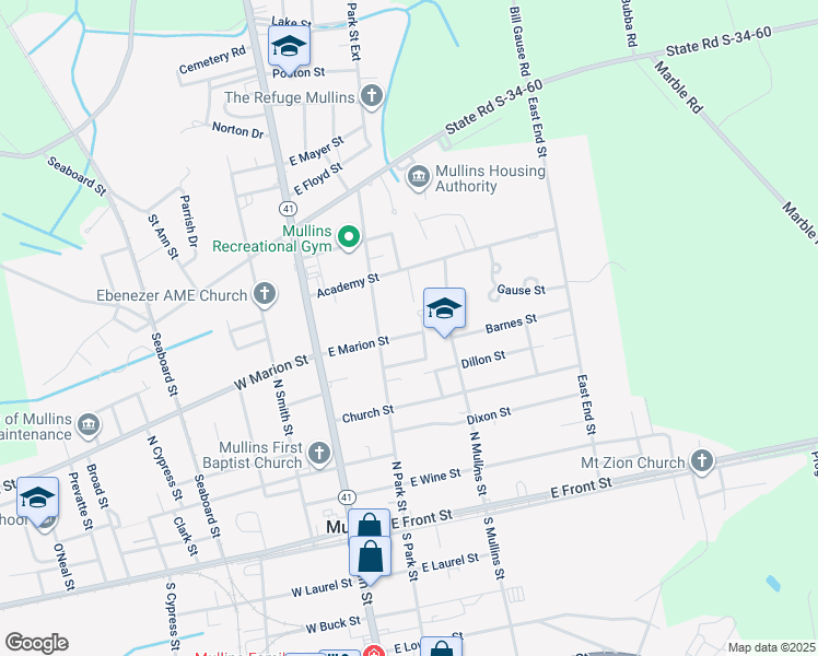 map of restaurants, bars, coffee shops, grocery stores, and more near 219 East Marion Street in Mullins
