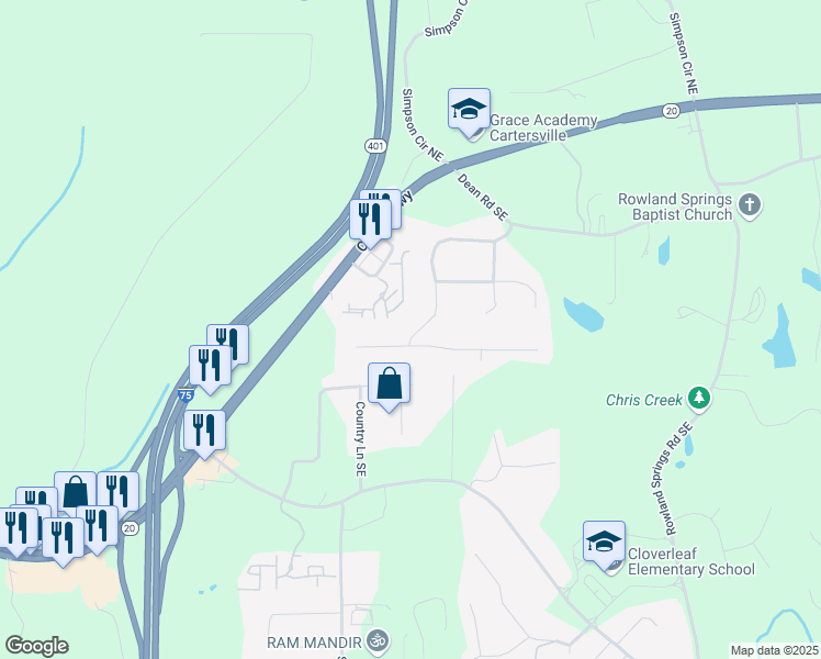 map of restaurants, bars, coffee shops, grocery stores, and more near 58 East Boxwood Drive Southeast in Cartersville