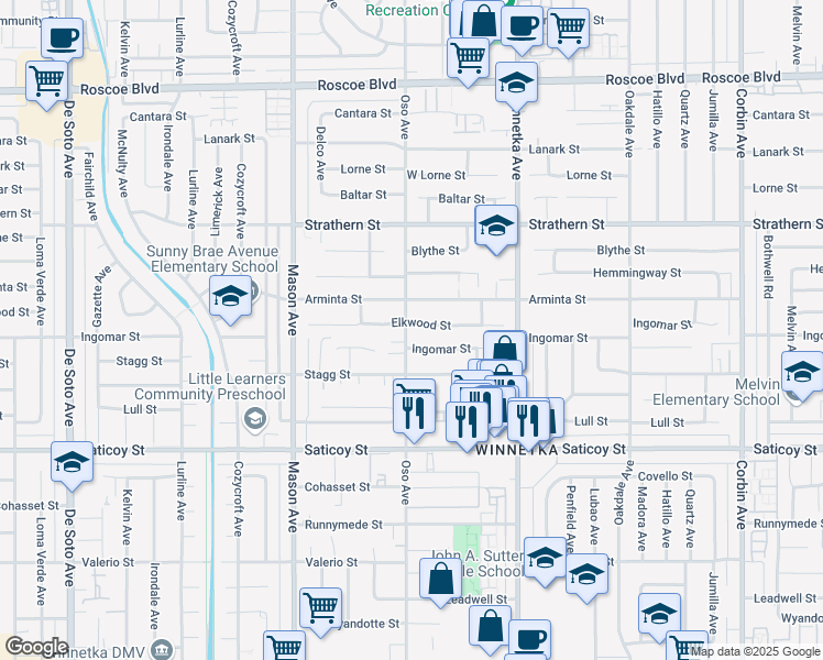 map of restaurants, bars, coffee shops, grocery stores, and more near 7808 Oso Avenue in Los Angeles