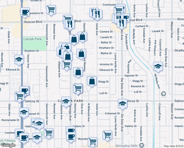 map of restaurants, bars, coffee shops, grocery stores, and more near 21208 Ingomar Street in Los Angeles