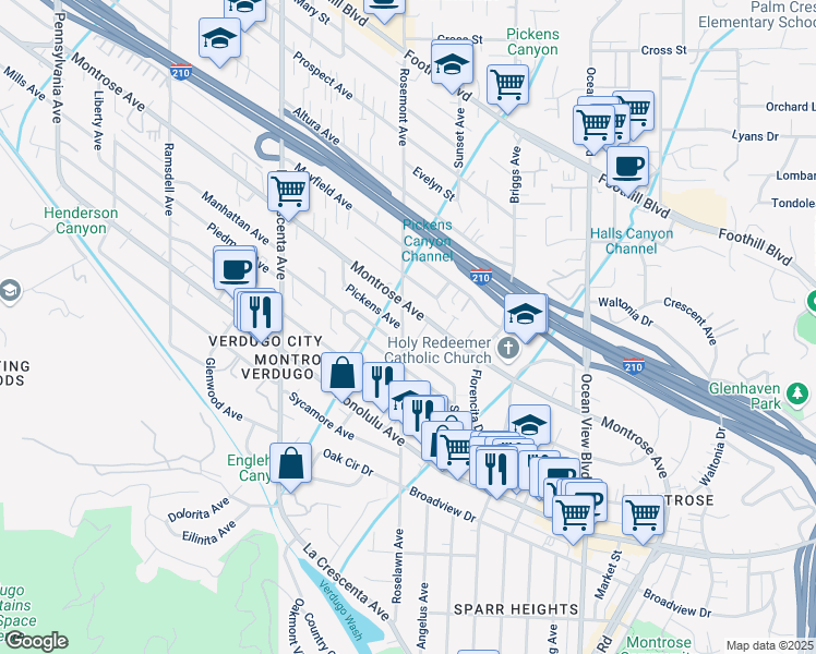 map of restaurants, bars, coffee shops, grocery stores, and more near 2528 Montrose Avenue in La Crescenta-Montrose