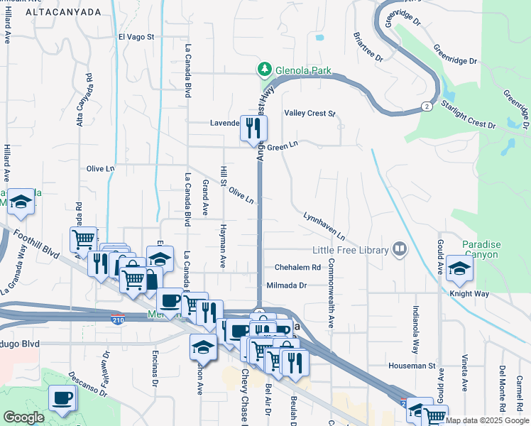 map of restaurants, bars, coffee shops, grocery stores, and more near 4938 Angeles Crest Highway in La Cañada Flintridge
