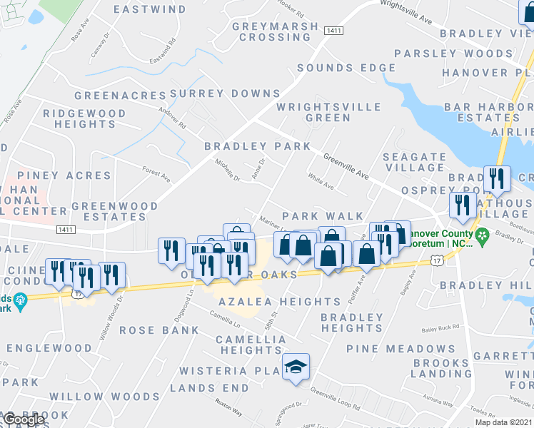 map of restaurants, bars, coffee shops, grocery stores, and more near 6001 Mariner Lane in Wilmington