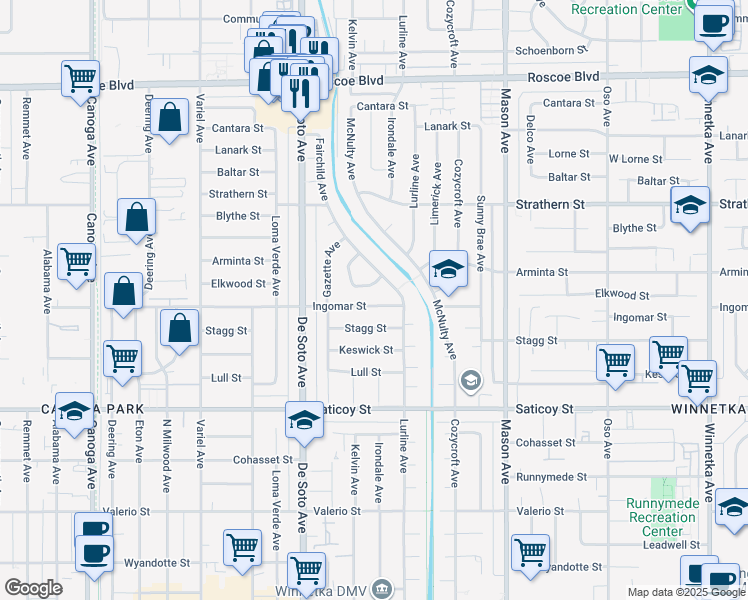map of restaurants, bars, coffee shops, grocery stores, and more near 20739 Ingomar Street in Los Angeles