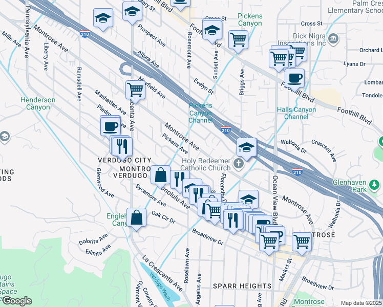 map of restaurants, bars, coffee shops, grocery stores, and more near 2528 Montrose Avenue in La Crescenta-Montrose