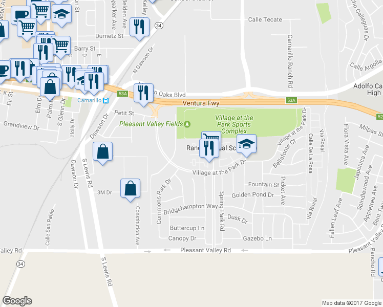 map of restaurants, bars, coffee shops, grocery stores, and more near 243 Riverdale Court in Camarillo