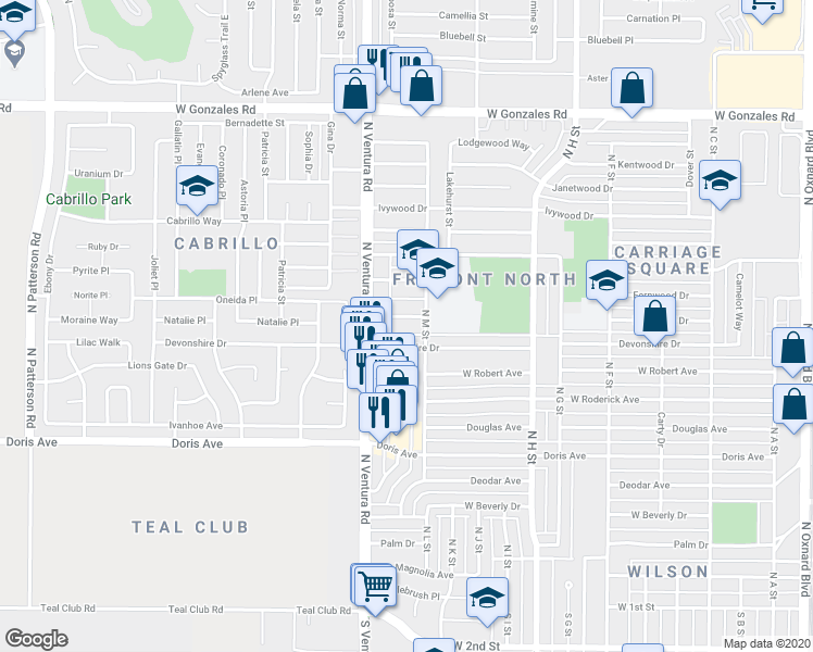 map of restaurants, bars, coffee shops, grocery stores, and more near 1326 Edgewood Way in Oxnard