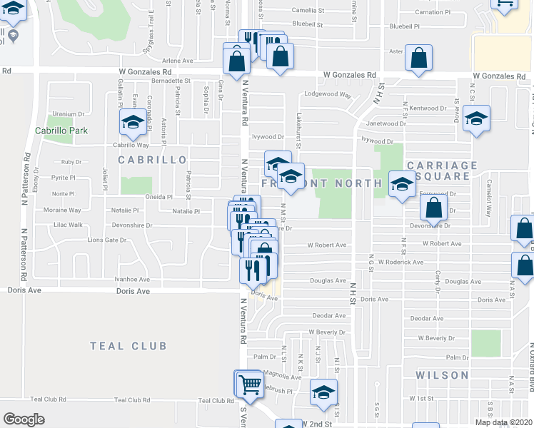 map of restaurants, bars, coffee shops, grocery stores, and more near 1326 Edgewood Way in Oxnard