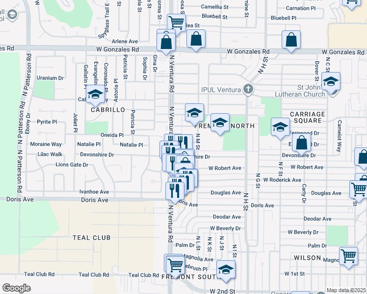 map of restaurants, bars, coffee shops, grocery stores, and more near 1326 Edgewood Way in Oxnard