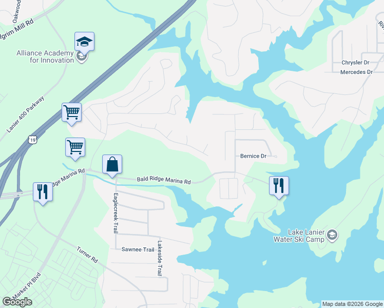 map of restaurants, bars, coffee shops, grocery stores, and more near 1830 Watercrest Drive in Cumming