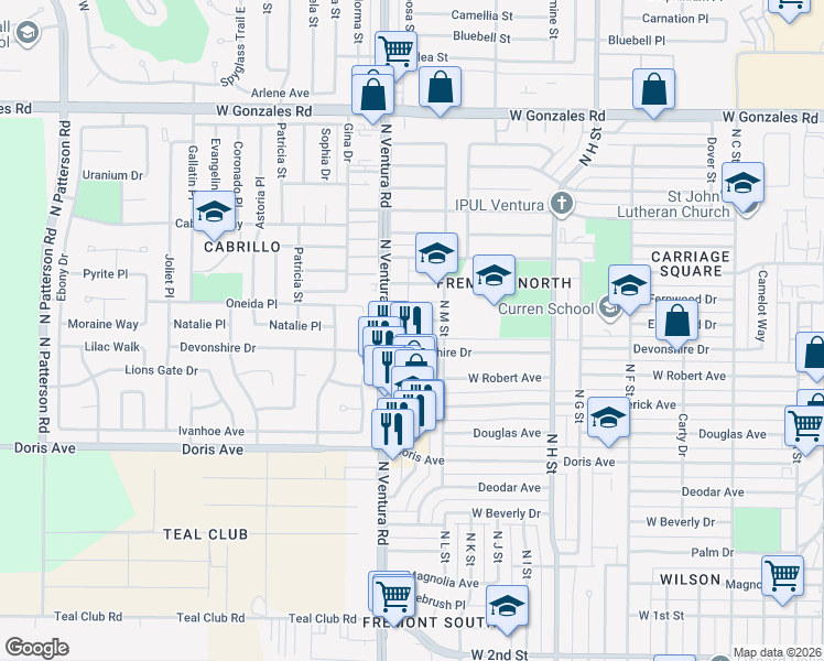 map of restaurants, bars, coffee shops, grocery stores, and more near 1400 Edgewood Way in Oxnard