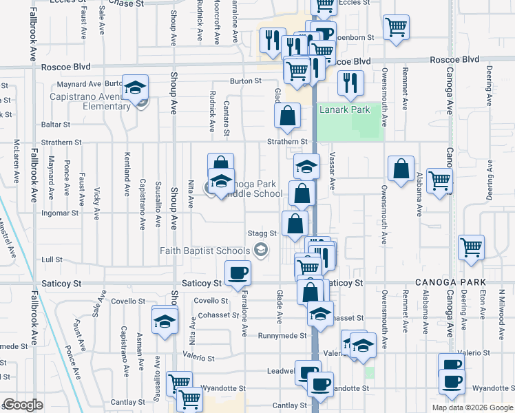 map of restaurants, bars, coffee shops, grocery stores, and more near 22139 Ingomar Street in Los Angeles