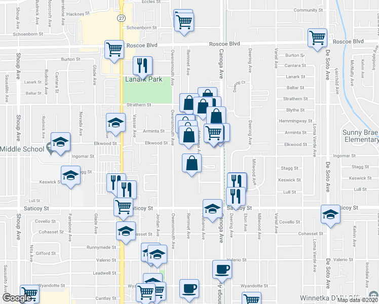 map of restaurants, bars, coffee shops, grocery stores, and more near 7811 Alabama Avenue in Los Angeles