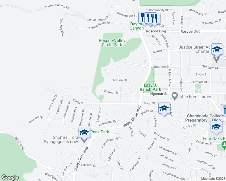 map of restaurants, bars, coffee shops, grocery stores, and more near 23935 Ingomar Street in Los Angeles