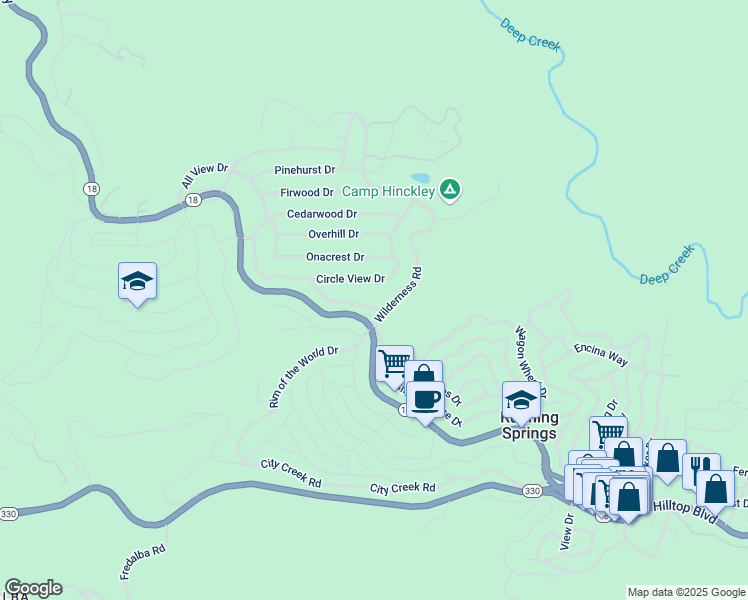 map of restaurants, bars, coffee shops, grocery stores, and more near 31518 Valley Ridge Drive in Running Springs