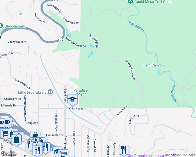map of restaurants, bars, coffee shops, grocery stores, and more near 5359 Godbey Drive in La Cañada Flintridge